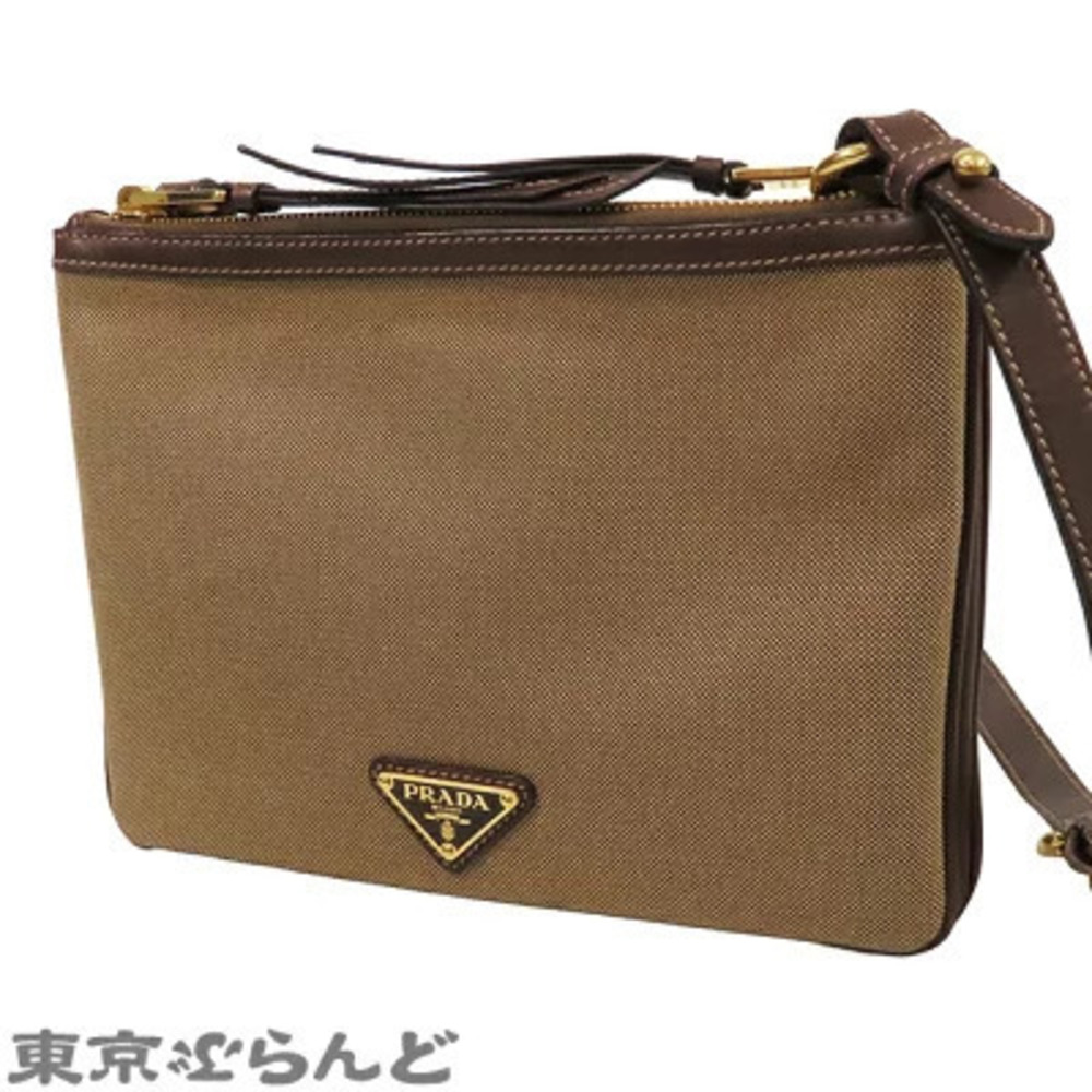 Prada Beige Bag Shoulder Canvas Jacquard Leather Brown Tan Brown